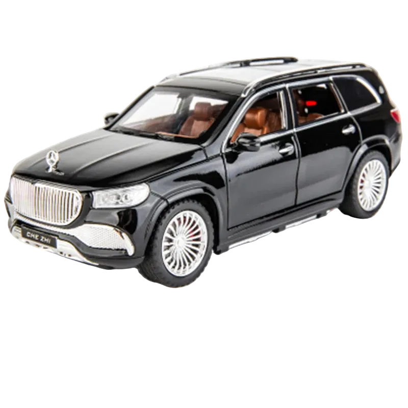 Black SUV model car on a white background. Maybach GLS 600, bouncing larp car 1:24 diecast.