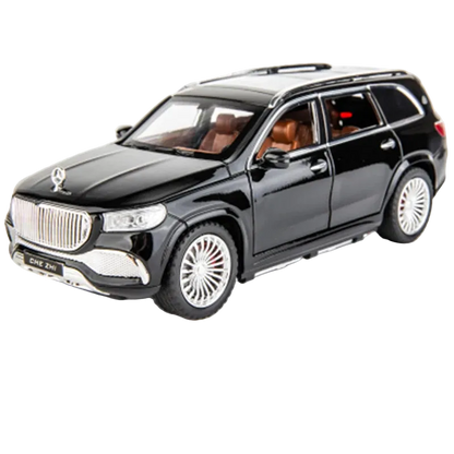 Black SUV model car on a white background. Maybach GLS 600, bouncing larp car 1:24 diecast.