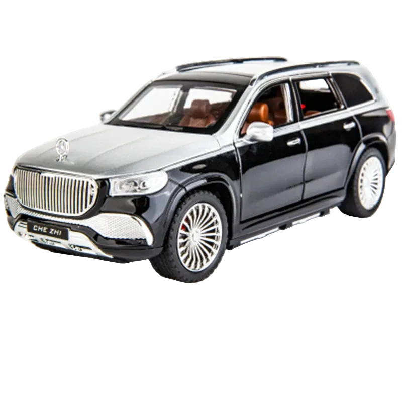 Black and silver luxury SUV model on a white background. Maybach GLS 600, bouncing larp car 1:24 diecast.