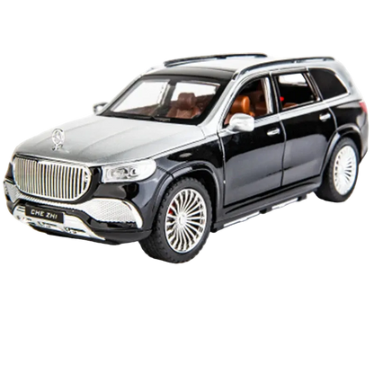 Black and silver luxury SUV model on a white background. Maybach GLS 600, bouncing larp car 1:24 diecast.