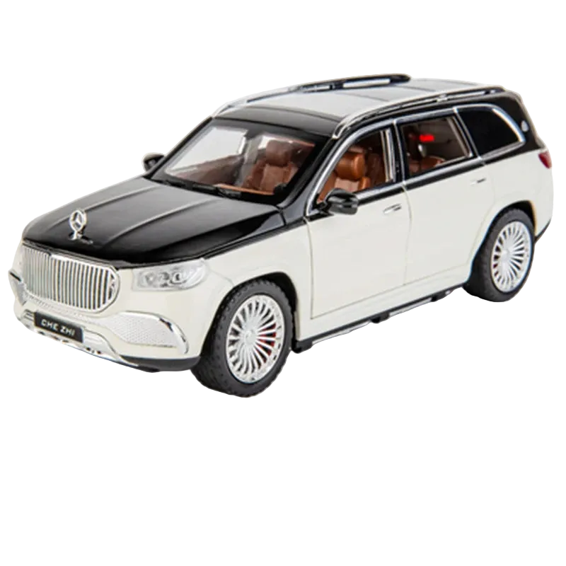 Model of a luxury SUV with black and white color scheme on a white background. Maybach GLS 600, bouncing larp car 1:24 diecast.