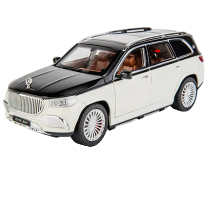 Model of a luxury SUV with black and white color scheme on a white background. Maybach GLS 600, bouncing larp car 1:24 diecast.