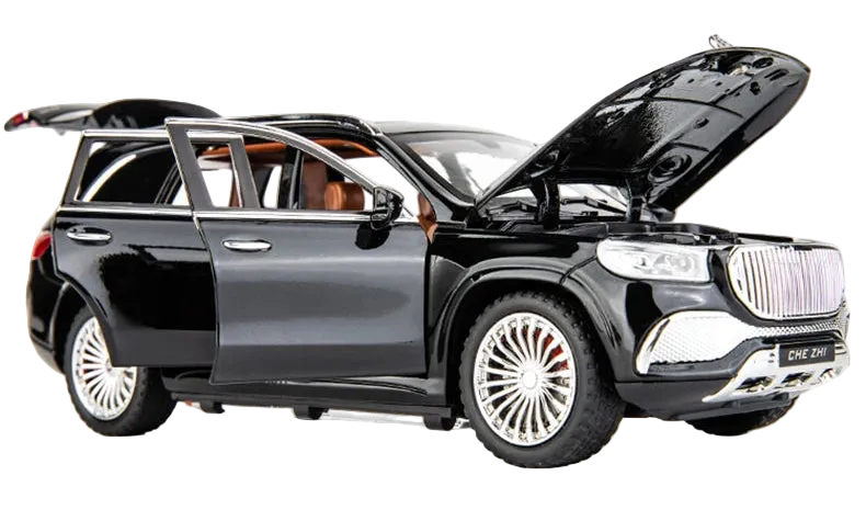 Model cars of a luxury SUV with open doors on a white background